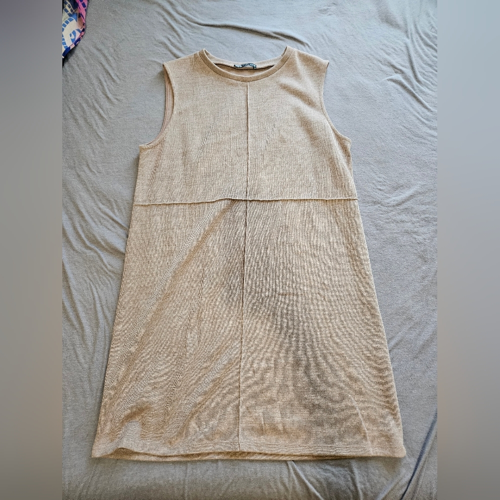 Zara Tan Sheath Dress Sleeveless Crew Neck